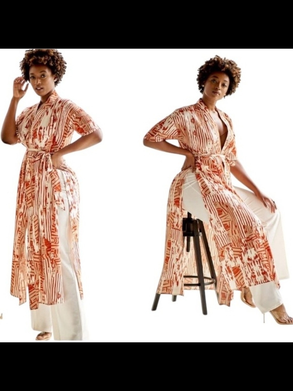 J Brooks Cream and Orange Abstract Kimono Sz L